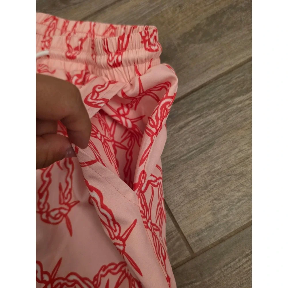 Pink Barbed Wire Print Swim Trunks Mens Small Red Chain Graphic Board Shorts